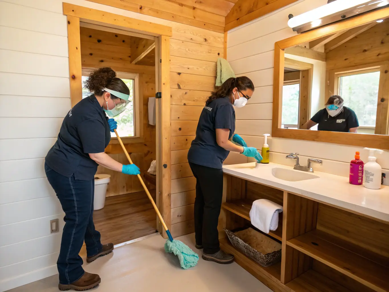 A professional cleaner using specialized equipment to scrub and sanitize a kitchen or bathroom, with visible sparkling surfaces.