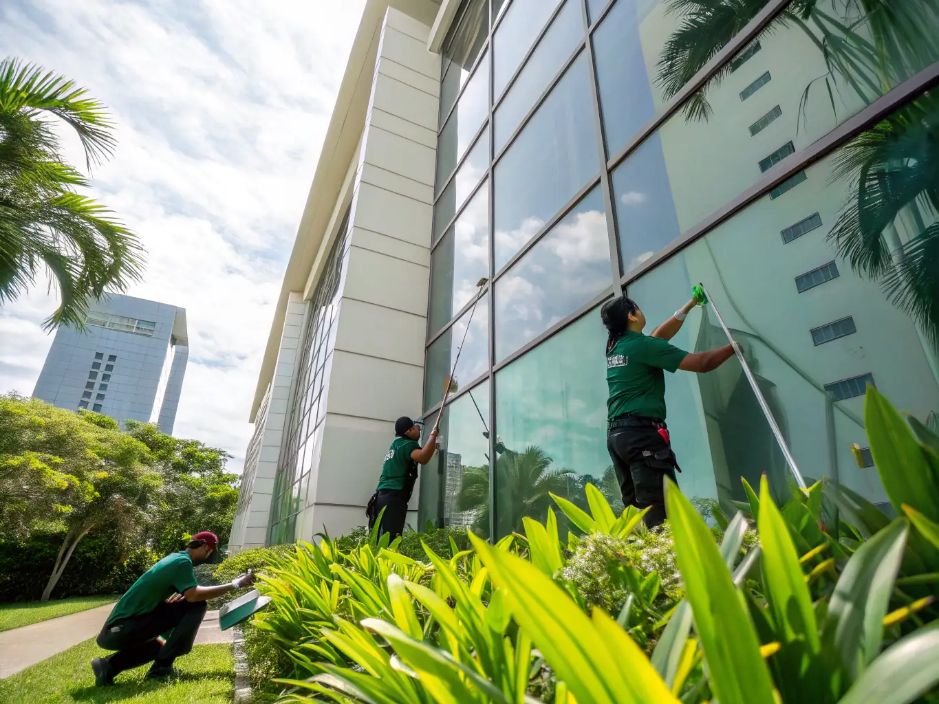 A team of professional cleaners working on a residential building's exterior and communal areas, with cleaning equipment and bright, clean surroundings.